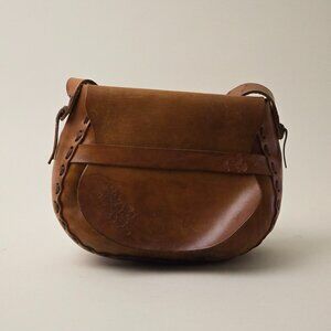 Vintage TOOLED 1970s LEATHER SATCHEL Tan Brown l Hippie Bag l Leather